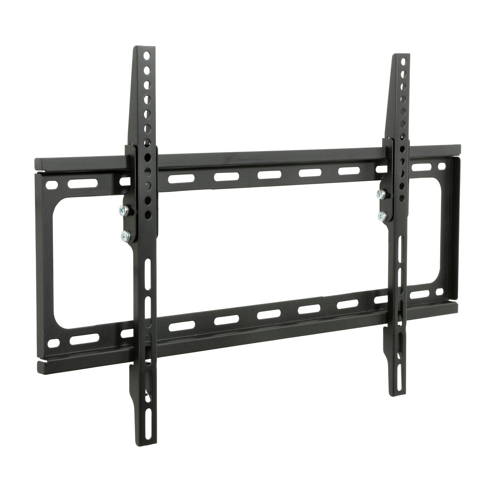 Low-profile tilting TV wall mount bracket with dual support rails and mount plates