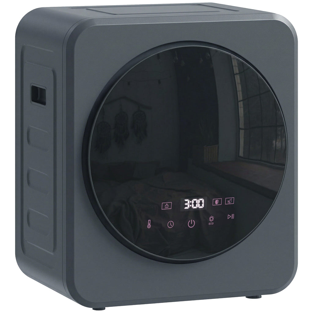 Grey front tumble dryer with circular glass door and digital time display