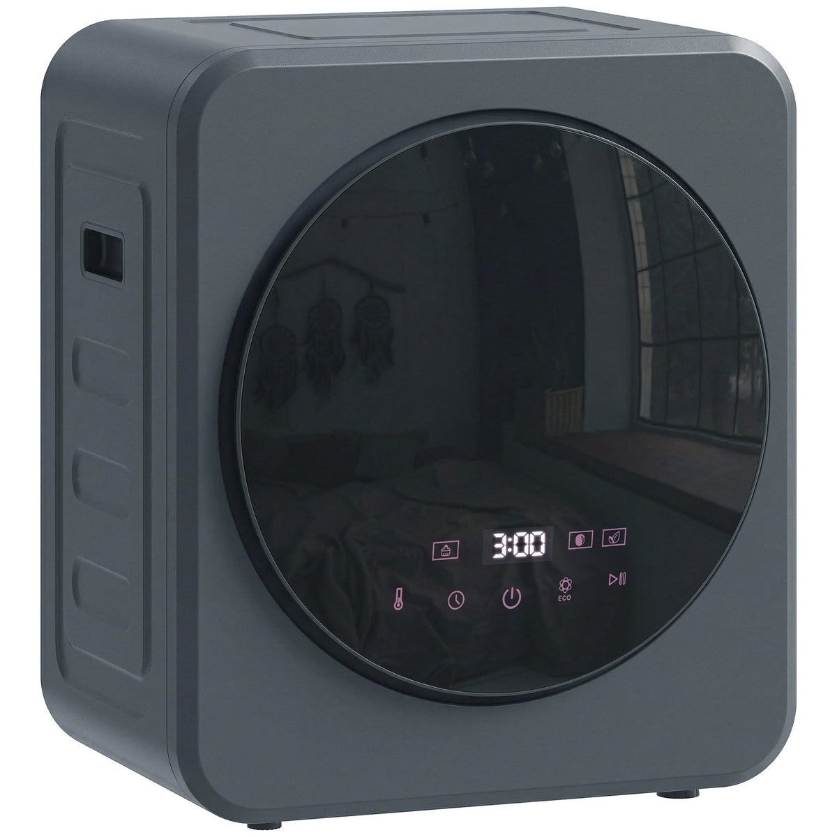 Grey front tumble dryer with circular glass door and digital time display