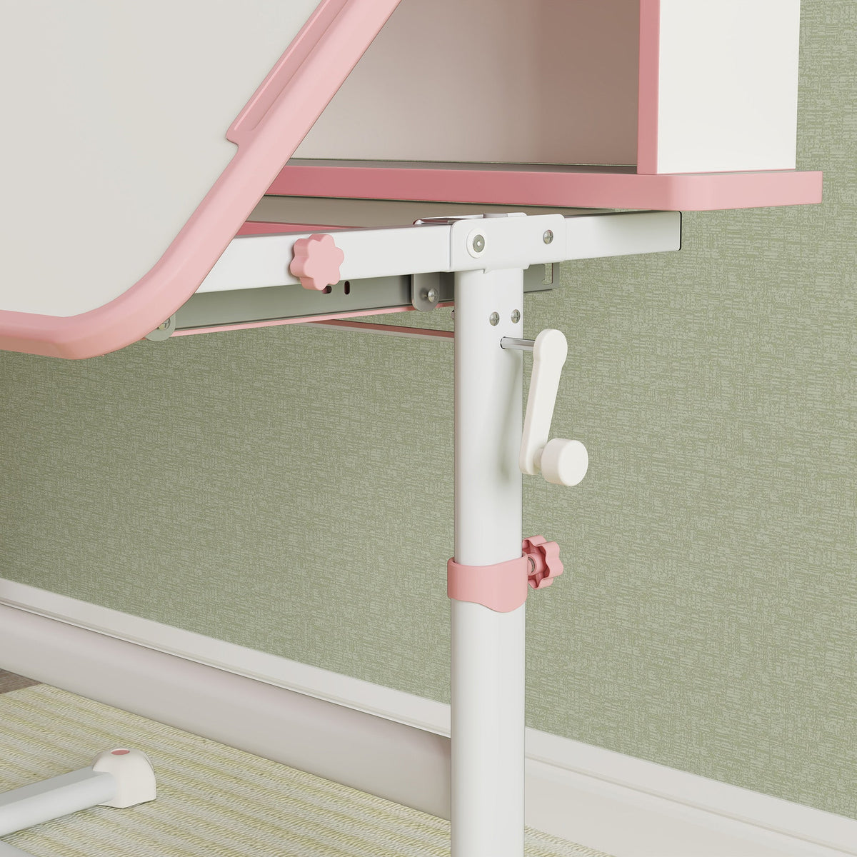 Pink adjustable desk height mechanism with lever and support frame
