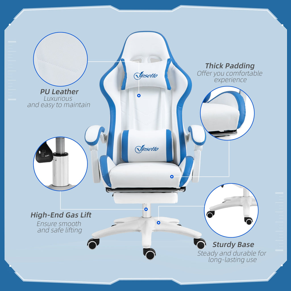 White and blue PU gaming chair with thick padding, gas lift base, and caster wheels