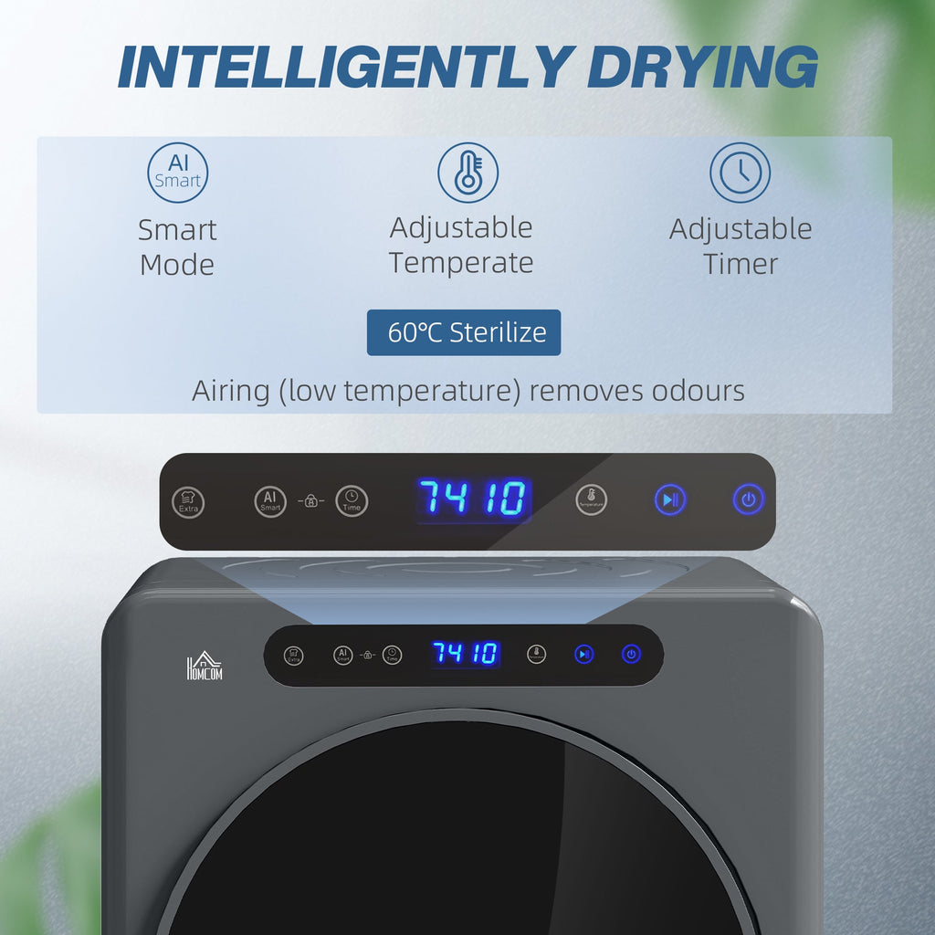 Grey compact front-load tumble dryer with LED display and control buttons