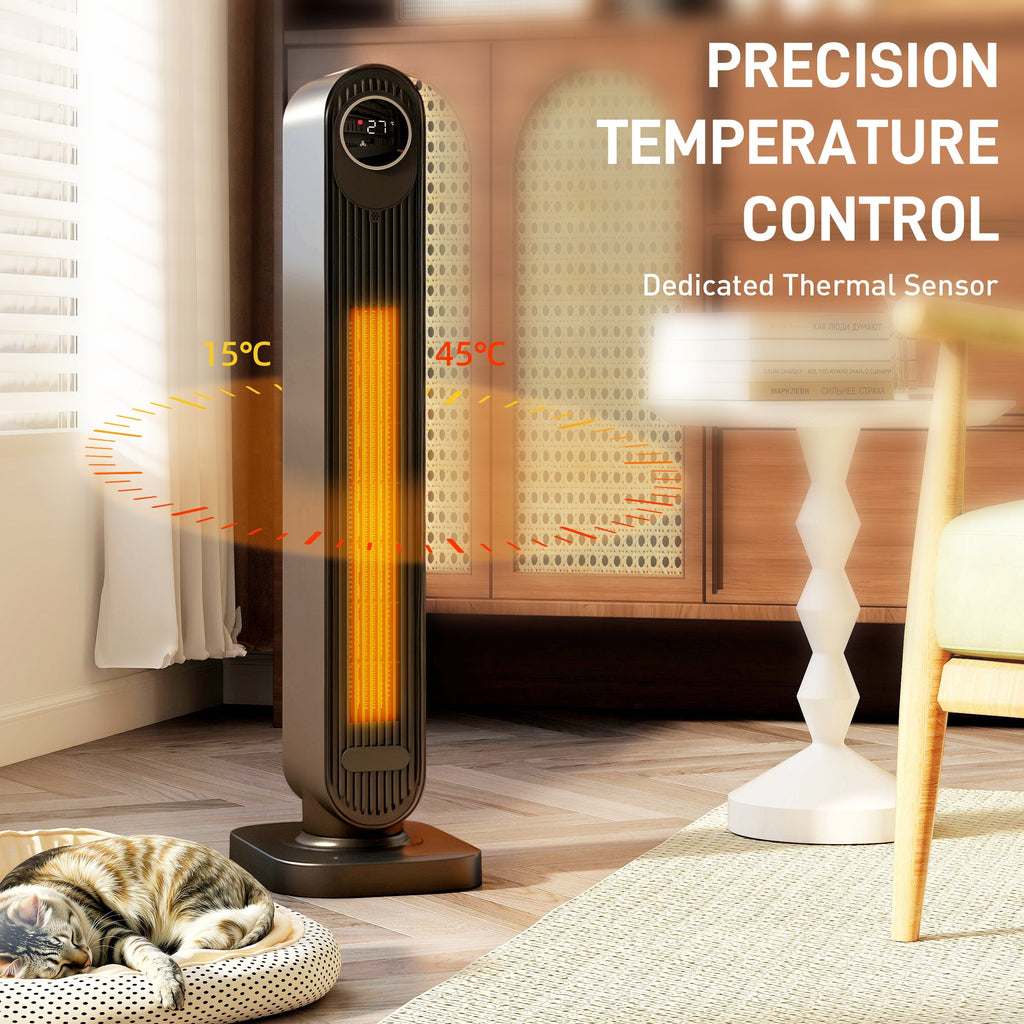 Black ceramic tower heater with thermostat dial and glowing heating core.