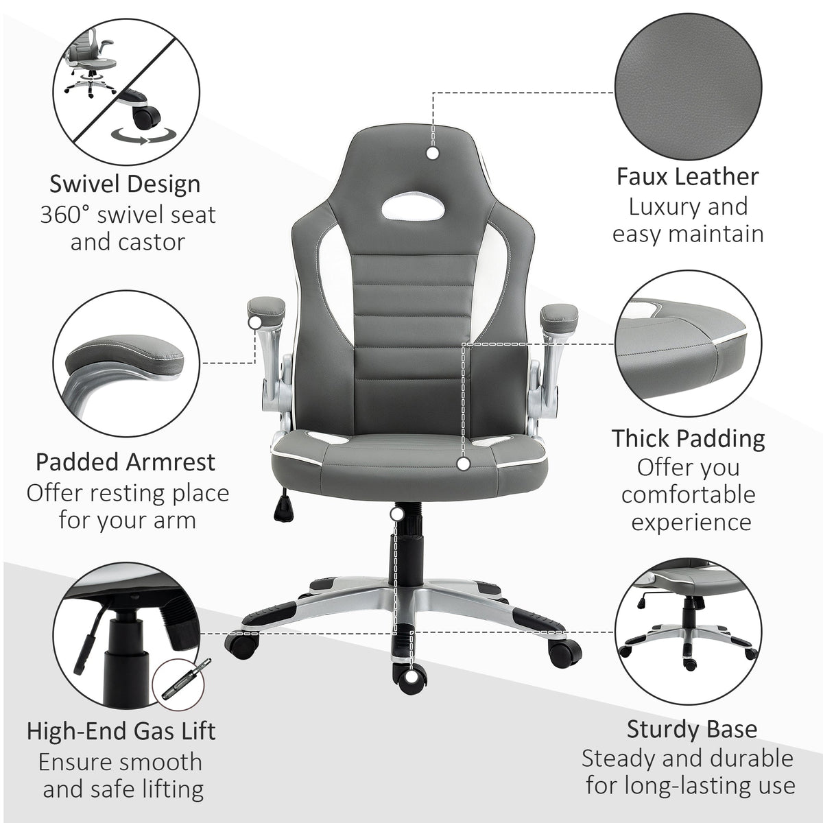 Grey faux leather gaming chair with thick padding, gas lift, swivel seat, and sturdy base