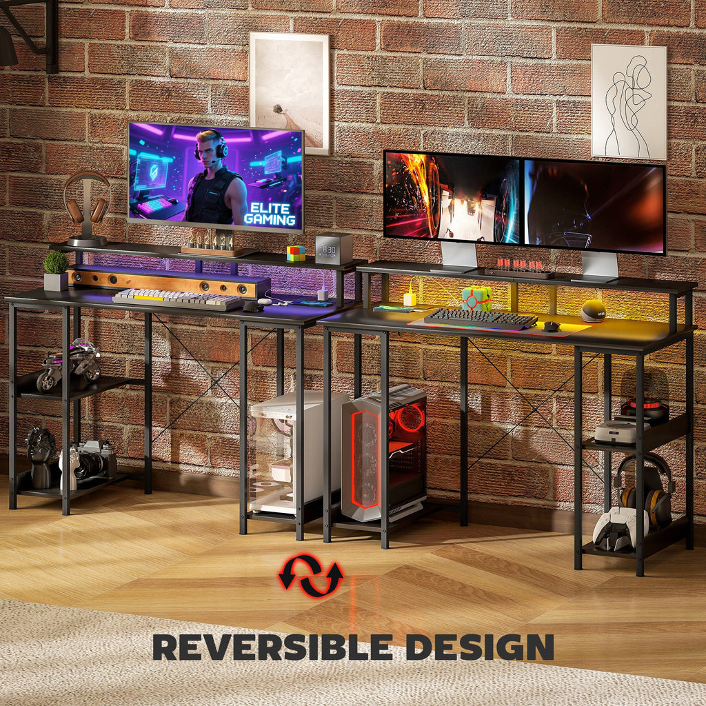 LED computer desk with open shelves and steel frame in grey carbon-fiber look