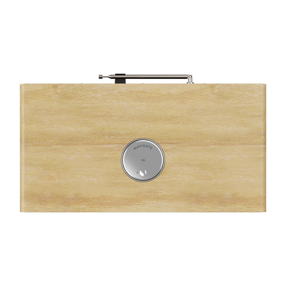 Wooden DAB radio top with antenna and round 'NAVIGATE' control button.