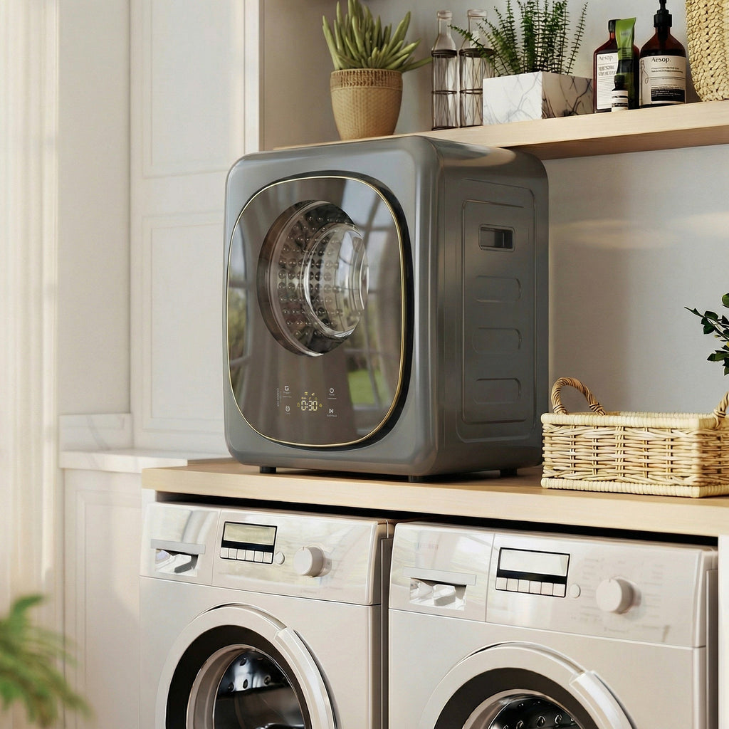 Grey front tumble dryer on a countertop with round viewing window and right-side panel.