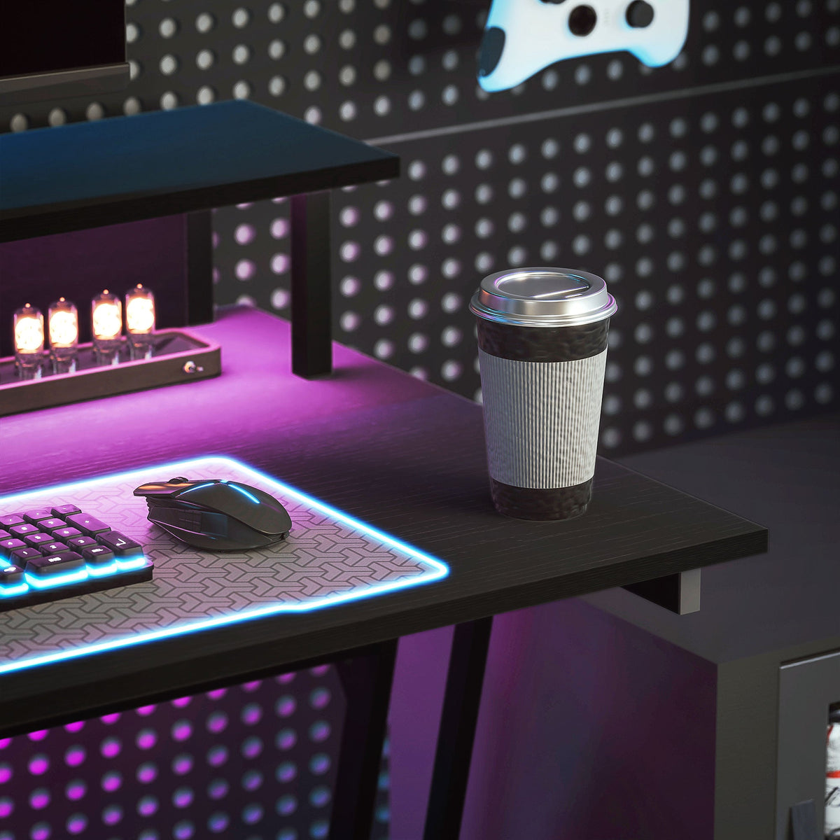 Black gaming desk with glowing LED edge strip and mouse and keyboard area