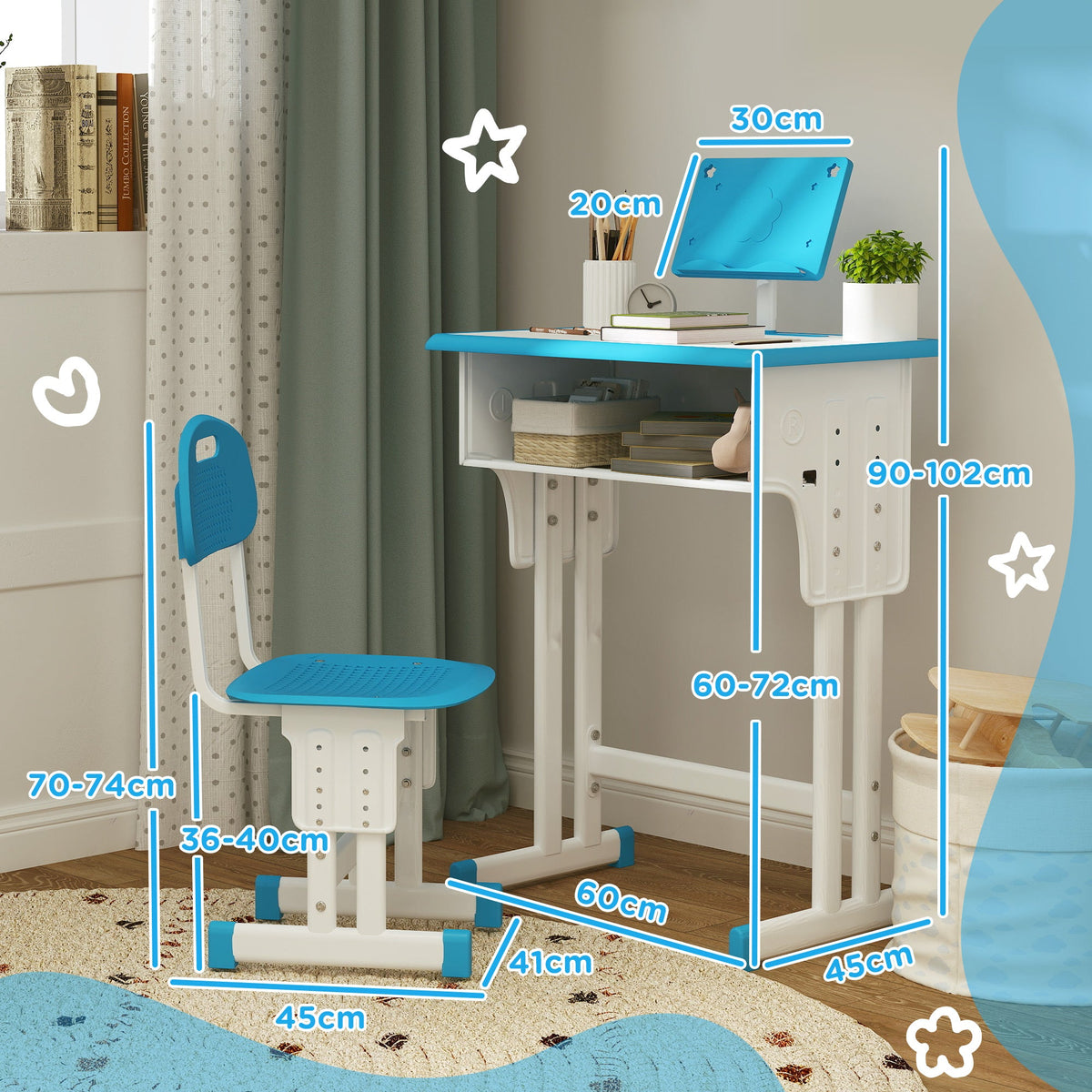 Kids adjustable desk and chair set with blue tabletop, white frame, and blue chair seat