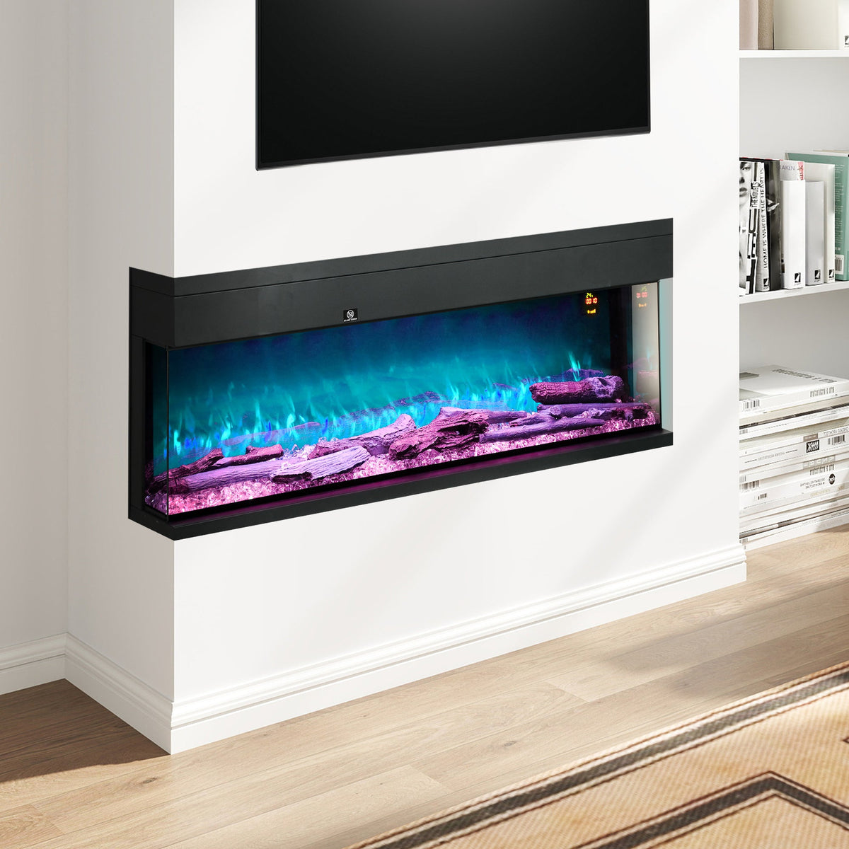 Black glass-panel electric flame convector heater inset in wall, blue flame effect visible.