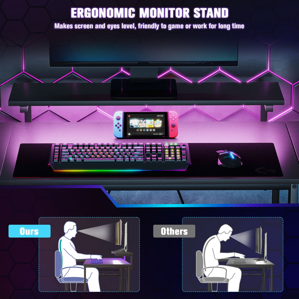 Black gaming desk with ergonomic monitor stand and RGB keyboard and mouse setup.