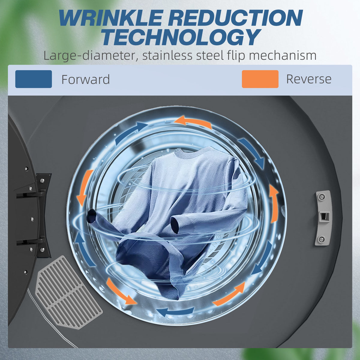 Grey tumble dryer with drum flip mechanism arrows shown through open door