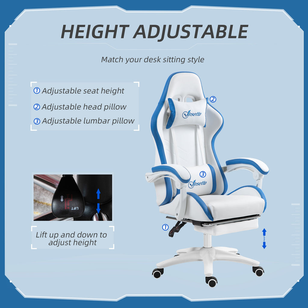 White and blue adjustable gaming chair with headrest, lumbar pillow, and swivel base