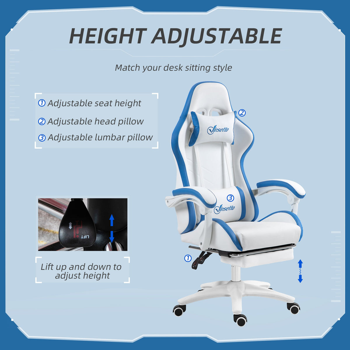 White and blue adjustable gaming chair with headrest, lumbar pillow, and swivel base