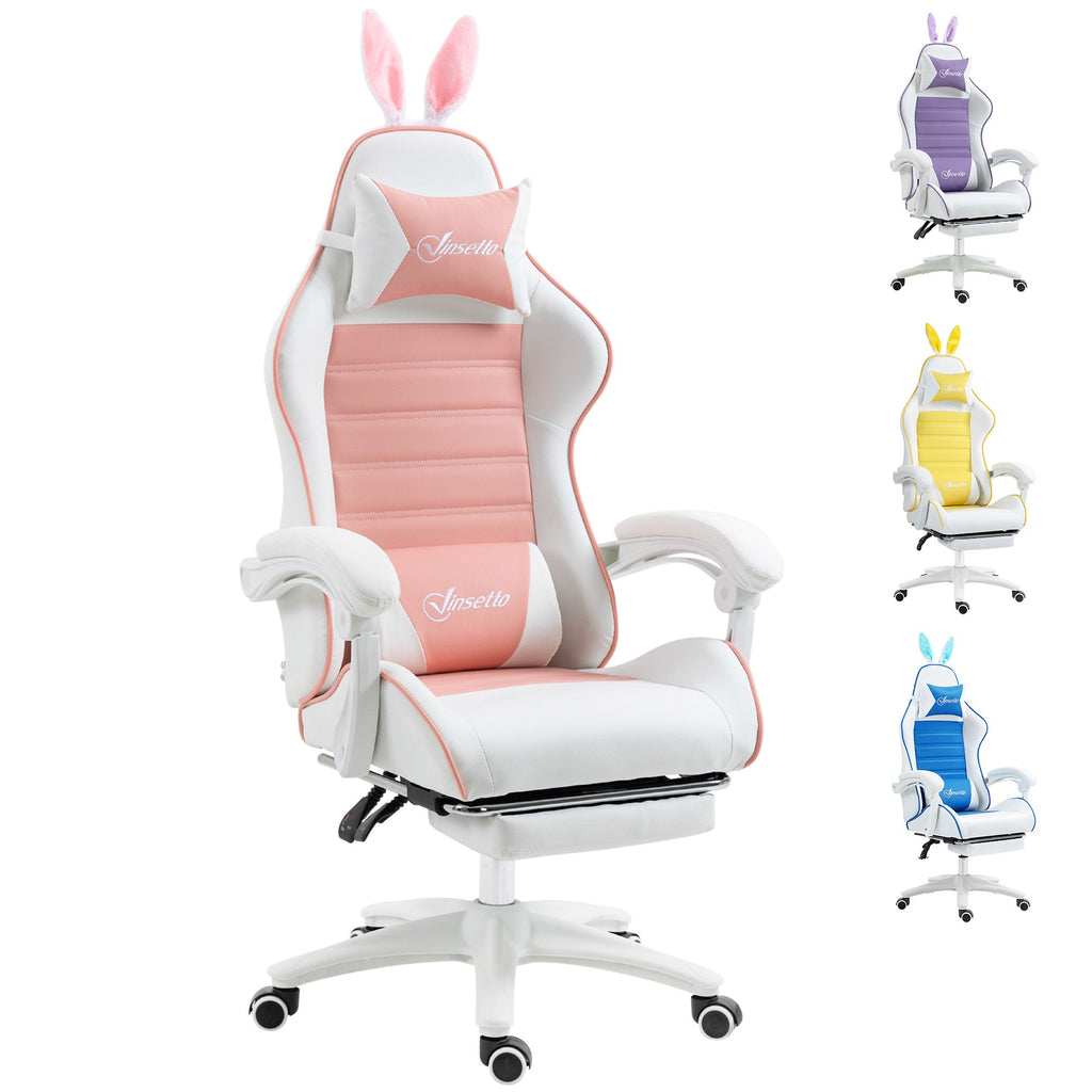 Reclining gaming chair with bunny-ear headrest, pink and white PU leather, padded armrests