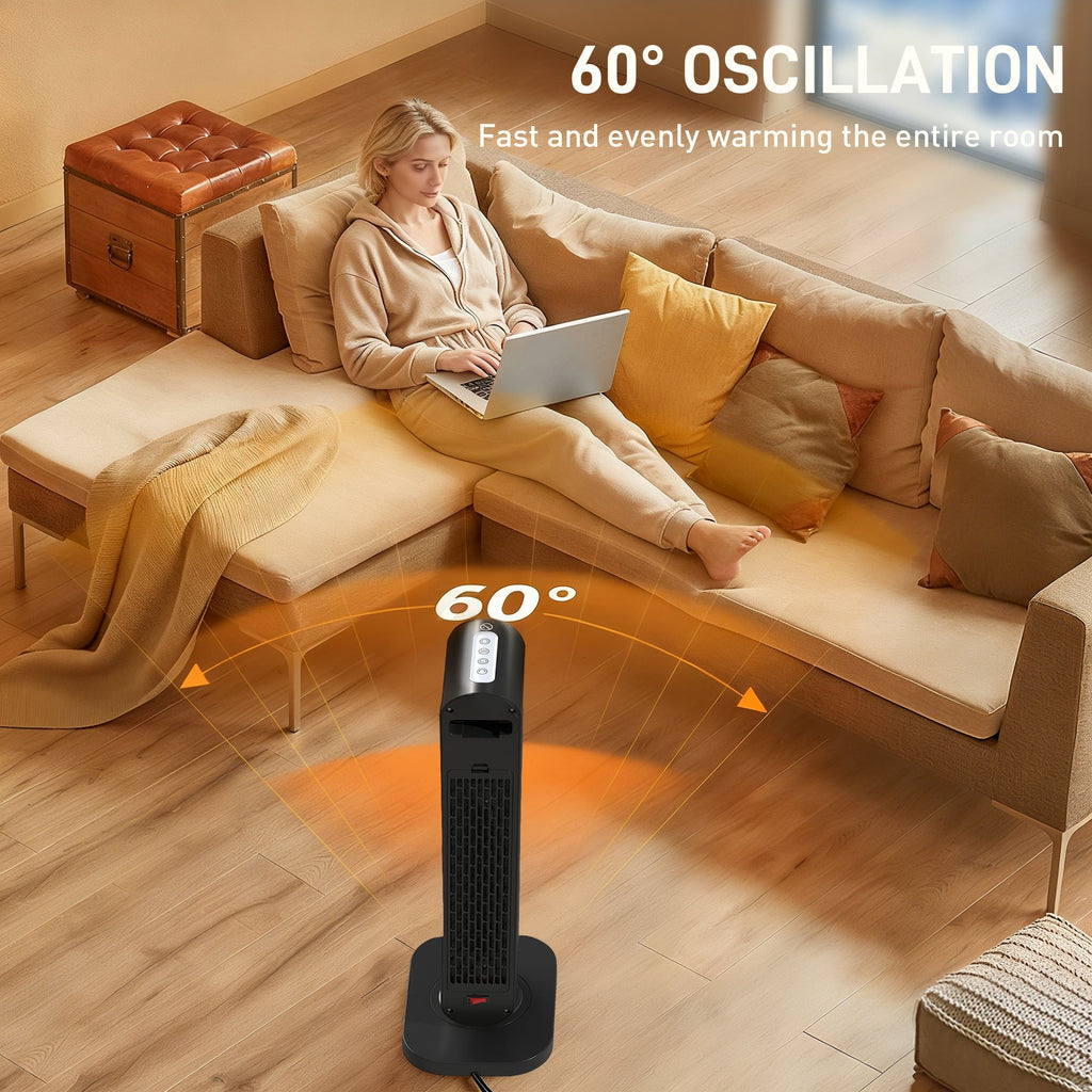 Black tower heater with 60° oscillation fan effect and warm air spread on floor.