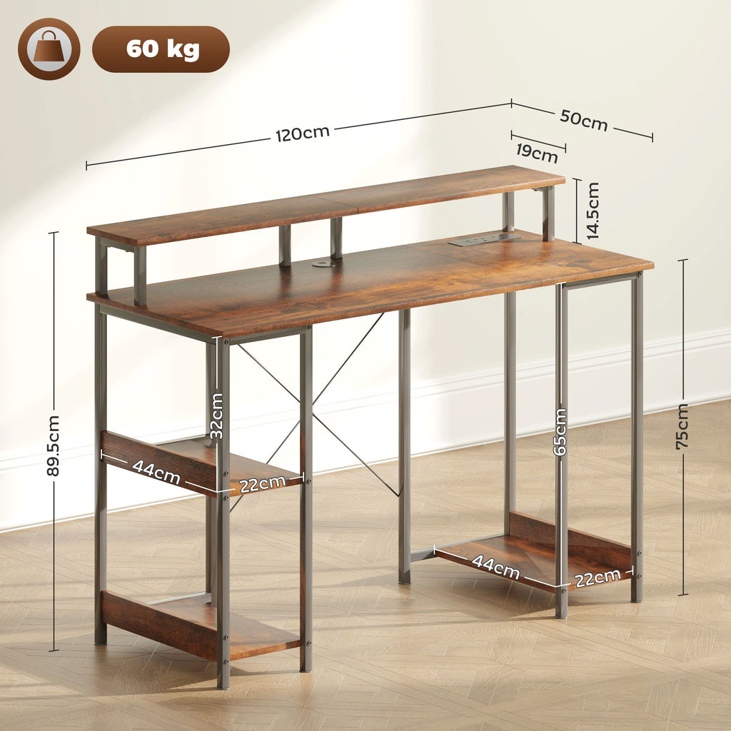 Rustic brown reversible computer desk with two-tier shelf, shown with size measurements