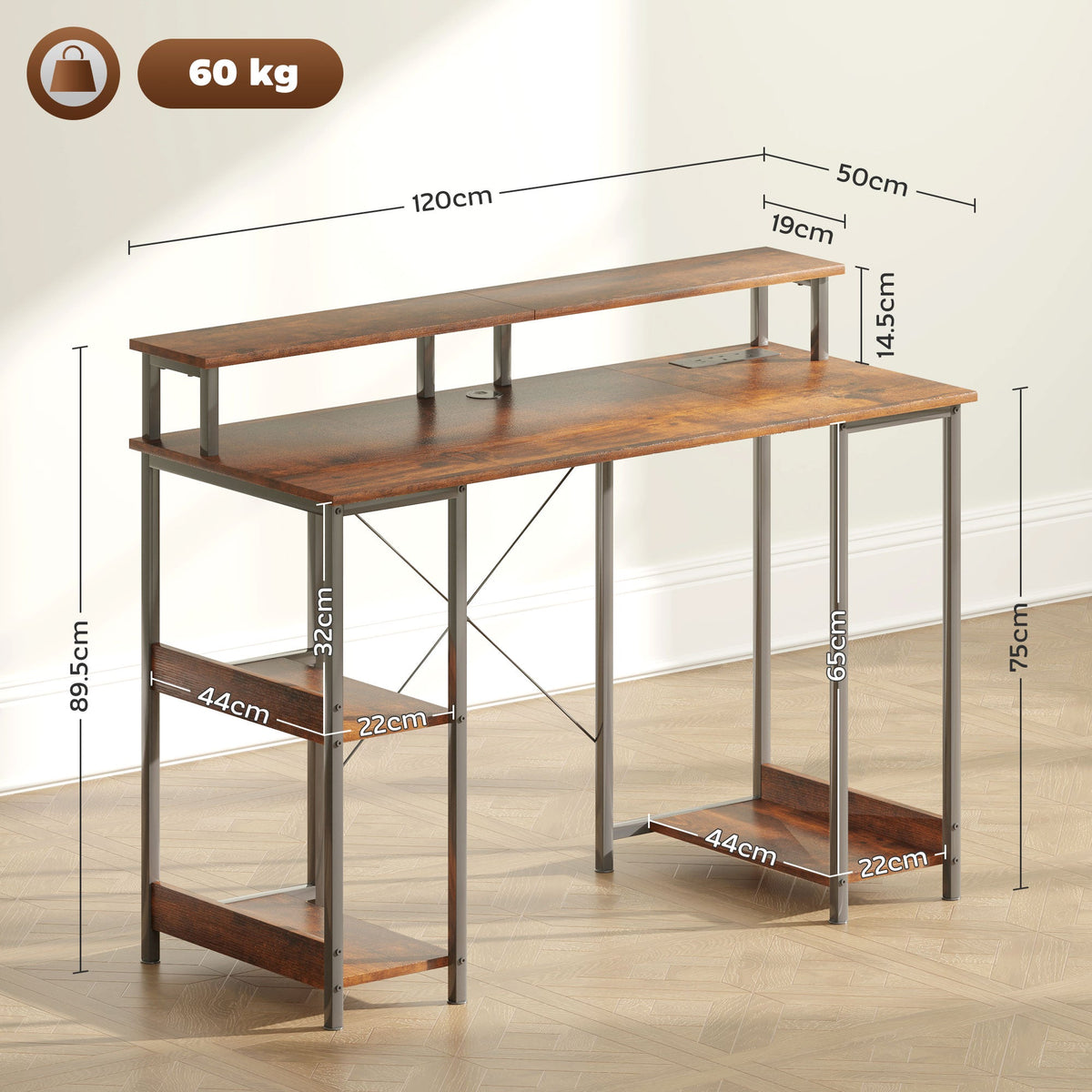 Rustic brown reversible computer desk with two-tier shelf, shown with size measurements