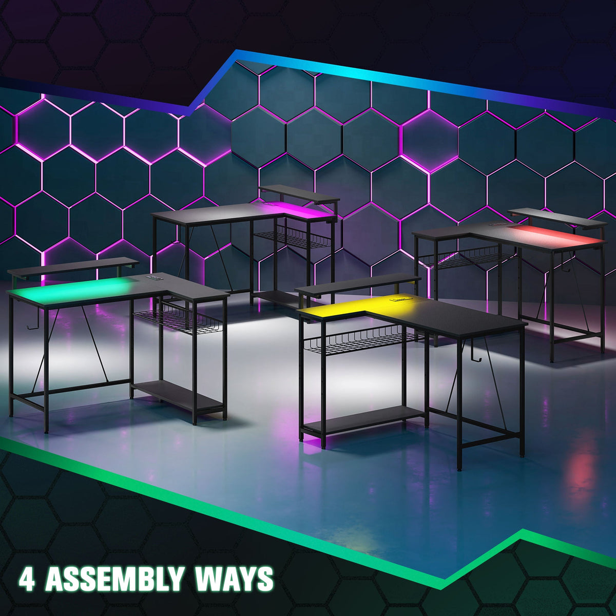 Black multi-level gaming desks with bright RGB LED strip lighting and shelves.