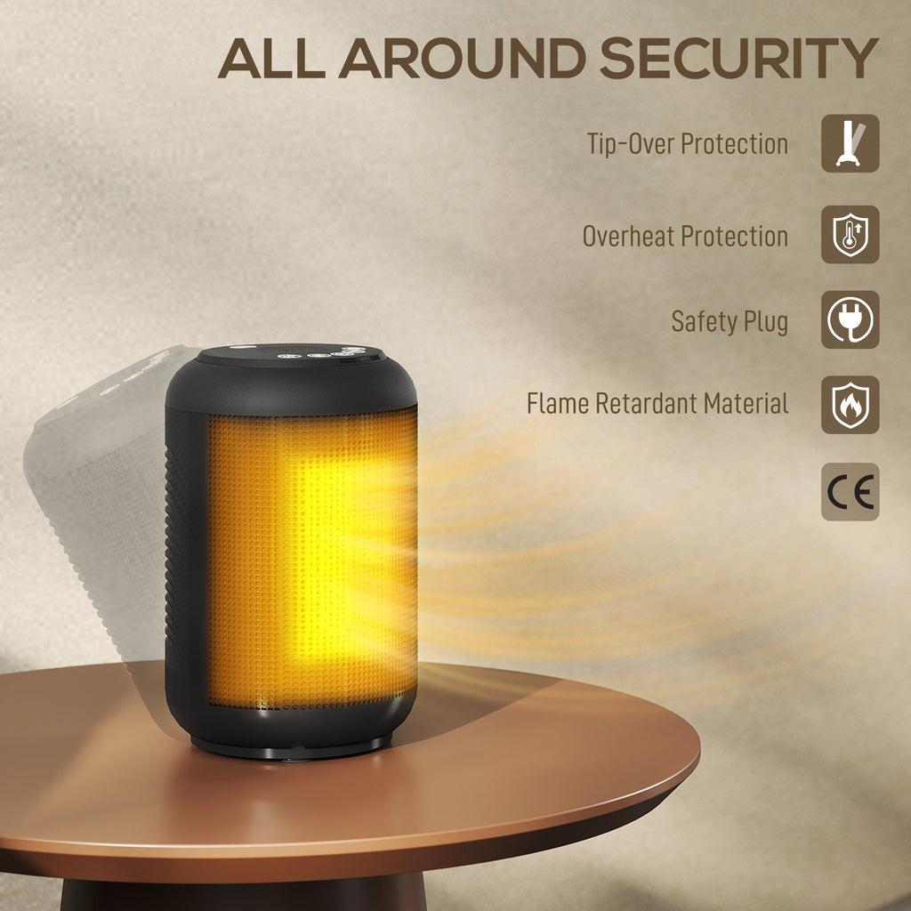 Black ceramic electric heater with glowing amber core on round tabletop