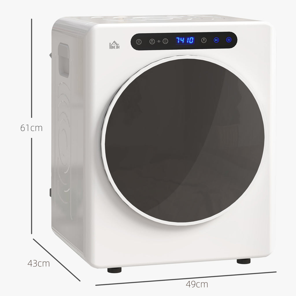 White compact front vented tumble dryer with round door, showing height and width outline