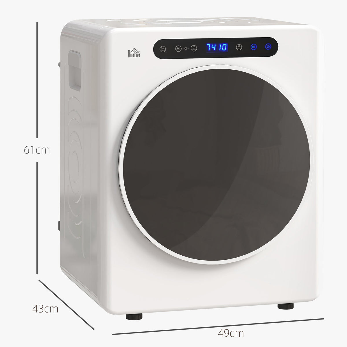 White compact front vented tumble dryer with round door, showing height and width outline