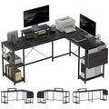 Black L-shaped computer desk with monitor stands, shelves, and storage drawer units