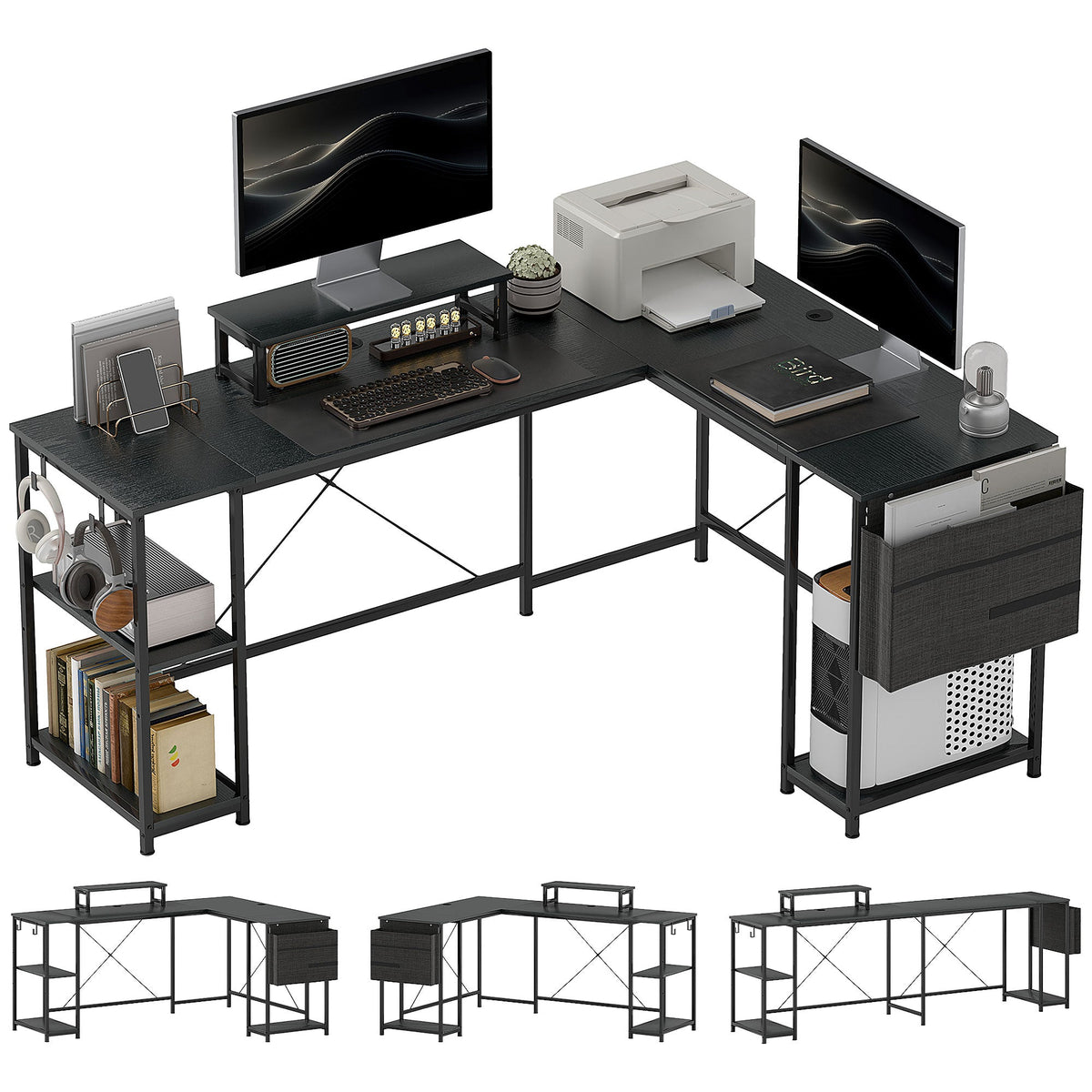 Black L-shaped computer desk with monitor stands, shelves, and storage drawer units