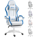 White and blue PU gaming chair with headrest, lumbar support, footrest, swivel base