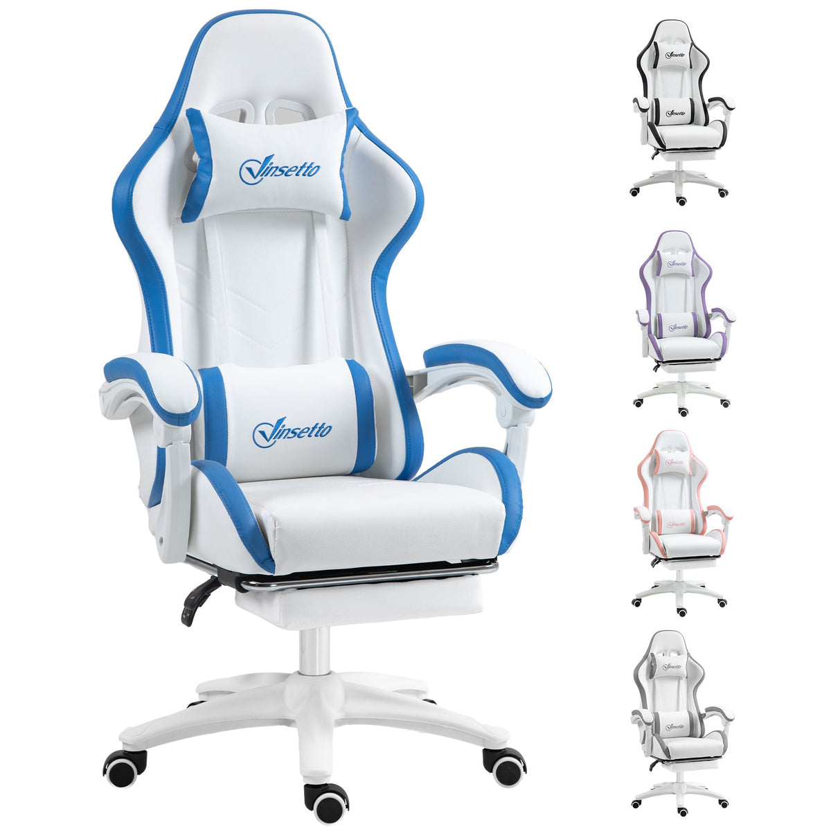 White and blue PU gaming chair with headrest, lumbar support, footrest, swivel base