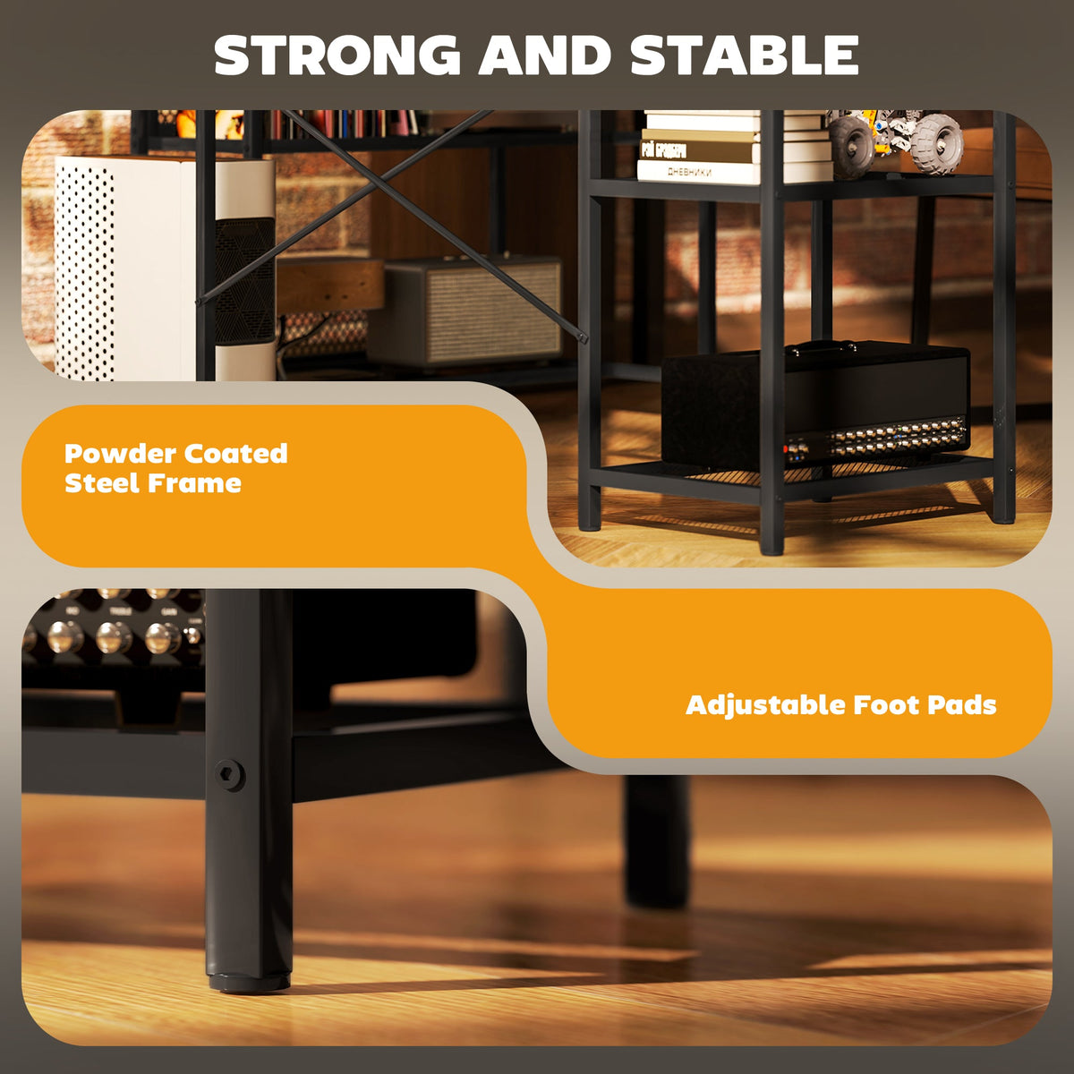 Sturdy black metal desk frame with adjustable foot pads under rustic brown tabletop