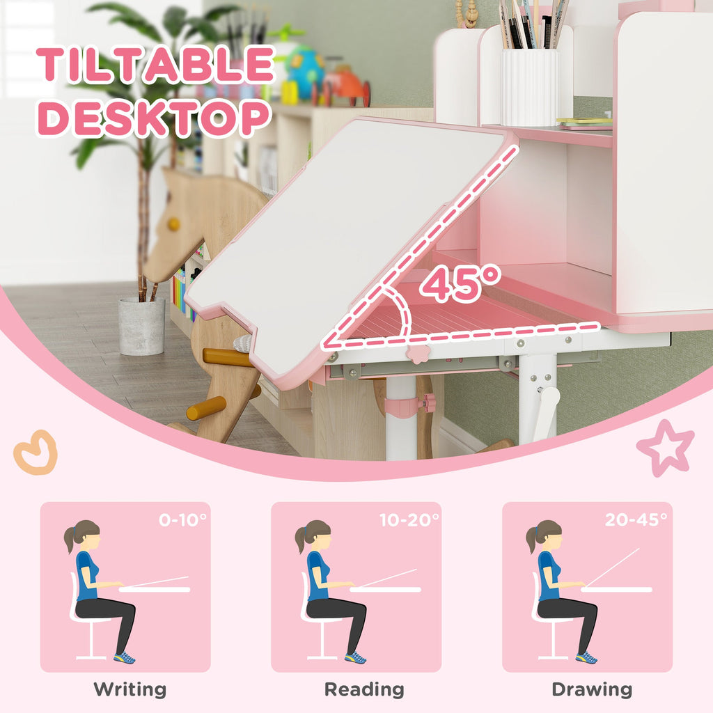 Pink kids desk with tiltable tabletop at an angle and matching study chair
