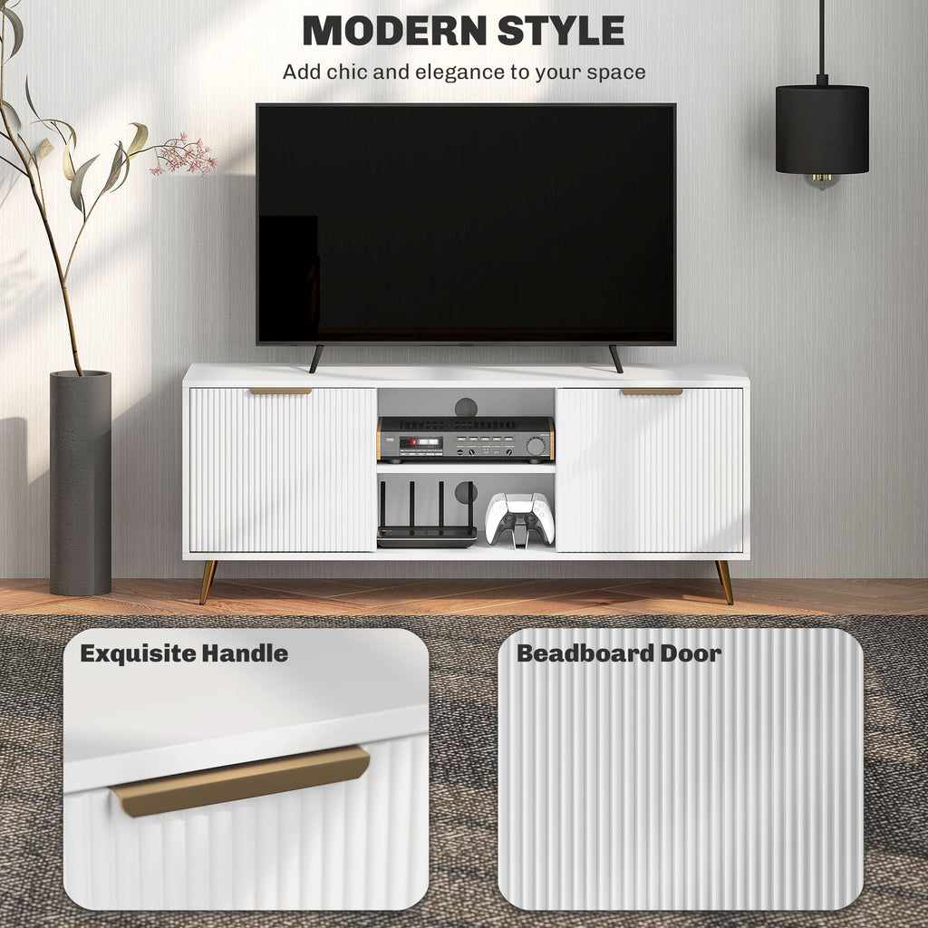 White TV stand cabinet featuring beadedboard-style doors and long bar handles
