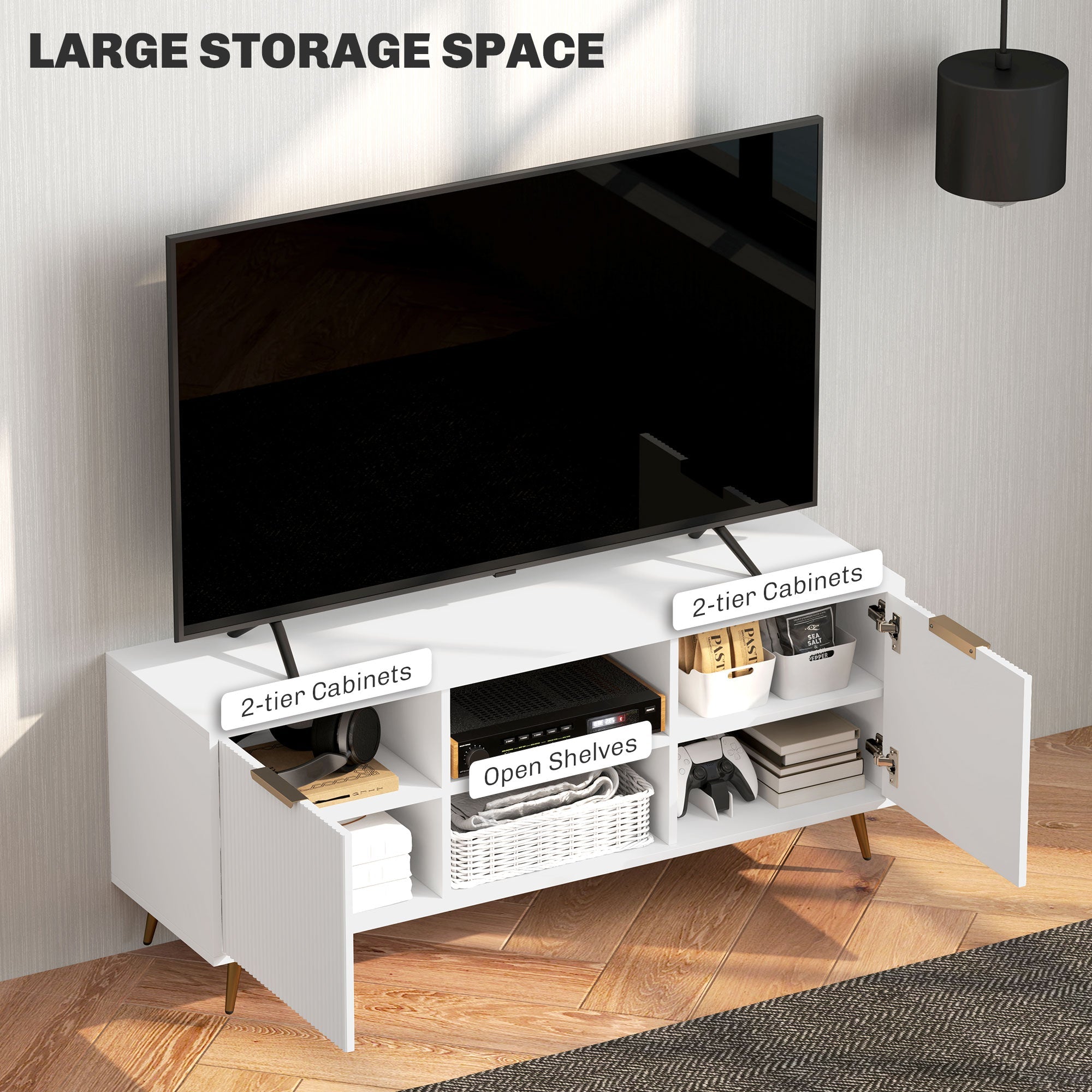 White TV stand cabinet with wide open compartment, media shelves, and pull-out storage