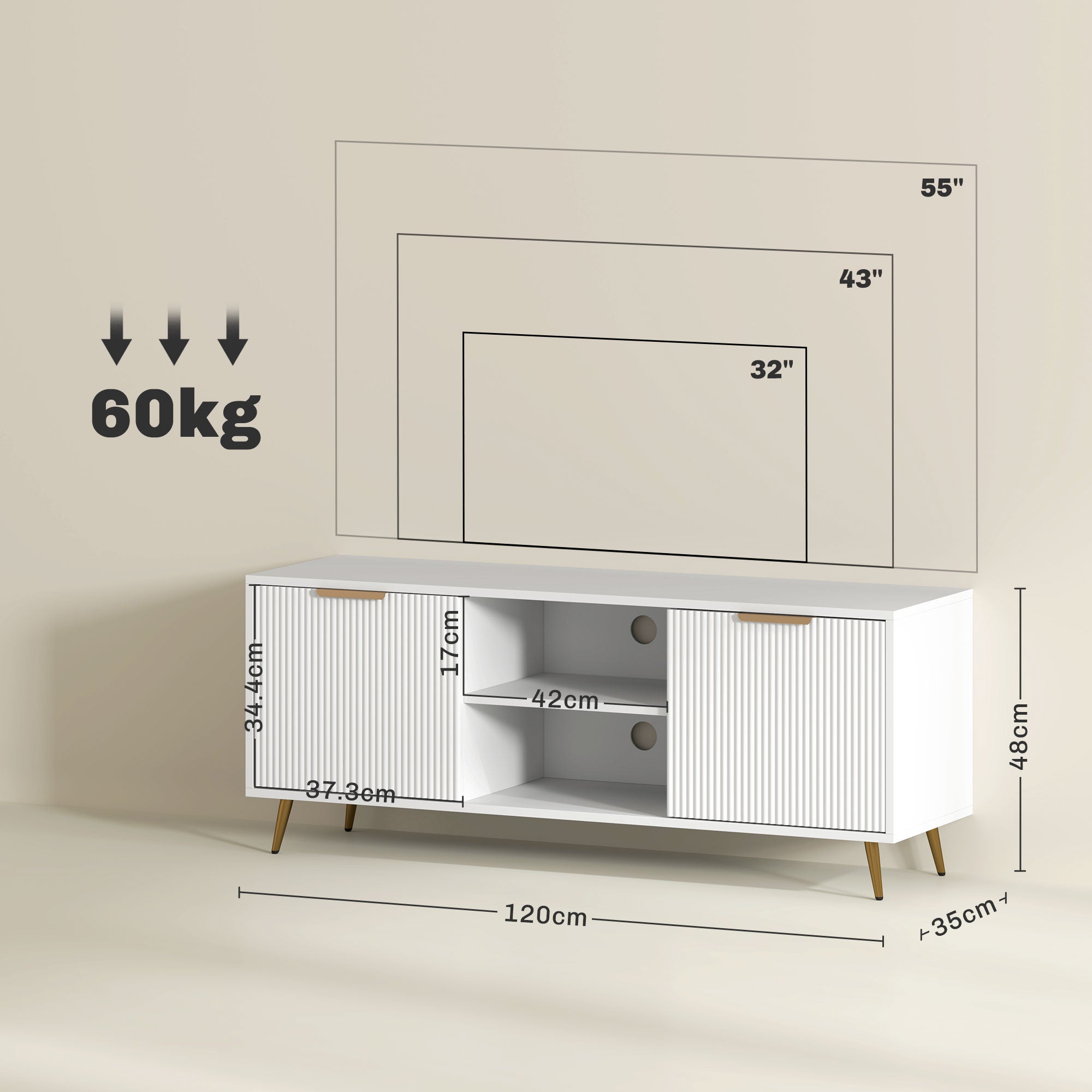 White TV stand cabinet with open center storage and ribbed doors, supported by gold legs