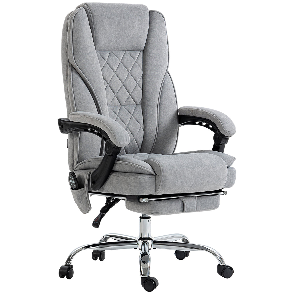 Grey upholstered reclining computer chair with headrest, quilted back, and chrome base