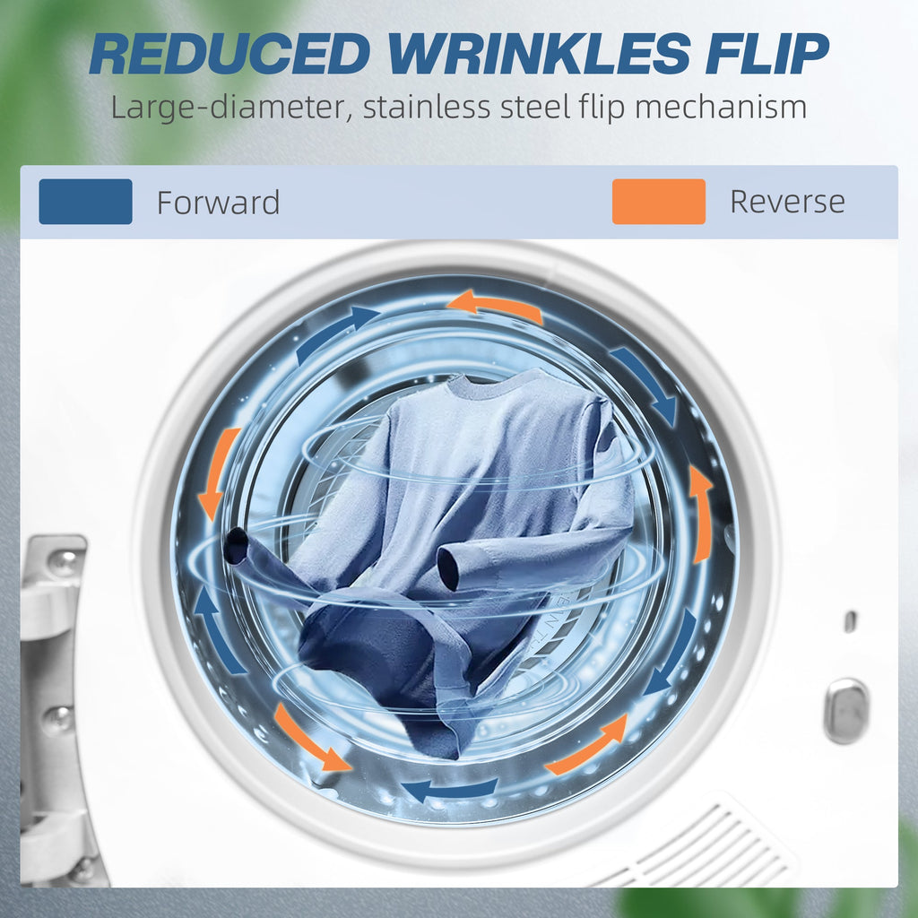 Front-load tumble dryer with open door and airflow arrows over the drum