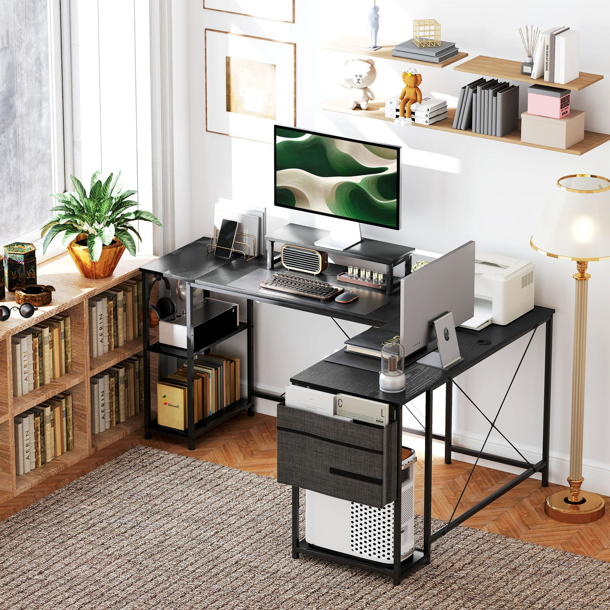 Black corner computer desk with monitor stands, keyboard area, and storage drawer units