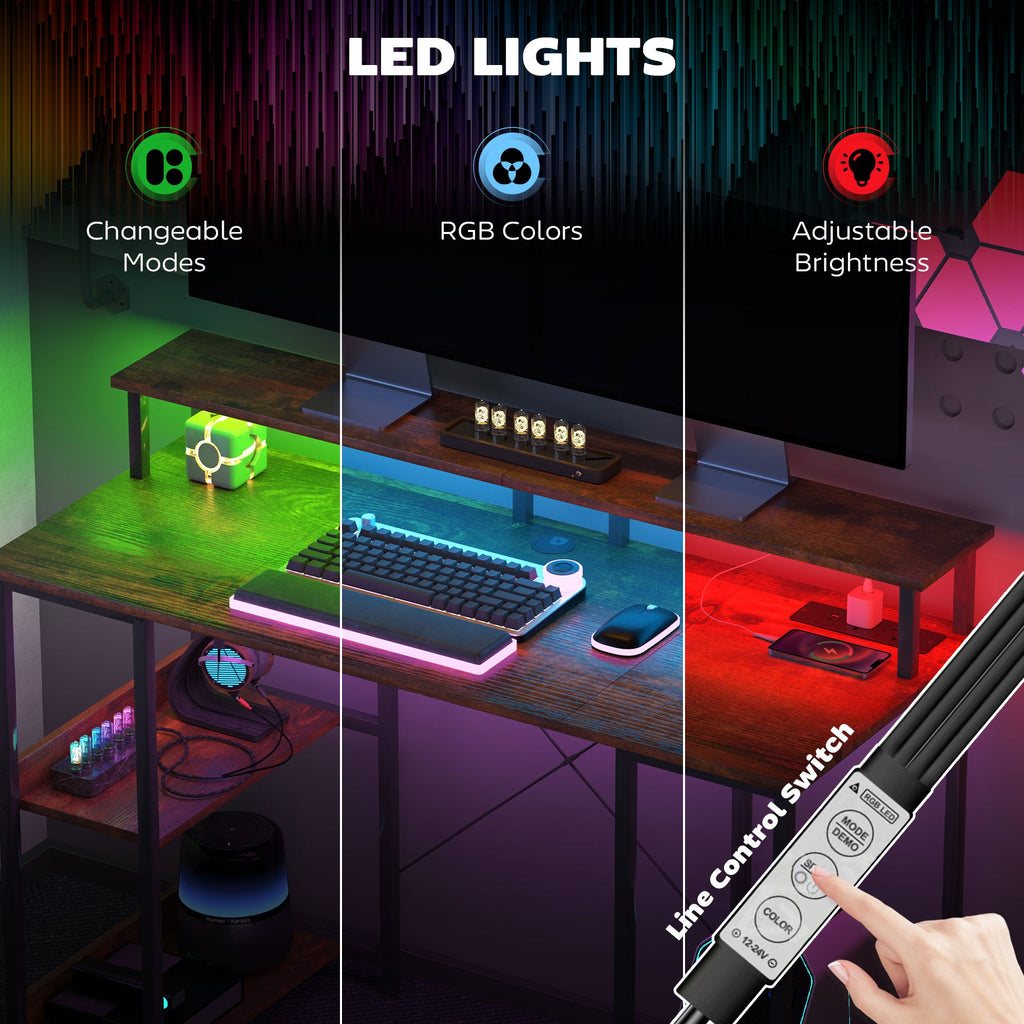 Computer desk with LED lights showing changeable modes and adjustable brightness