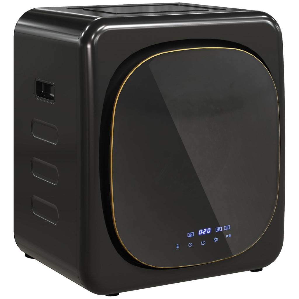 Black compact tumble dryer, front view with round door and yellow-trimmed window