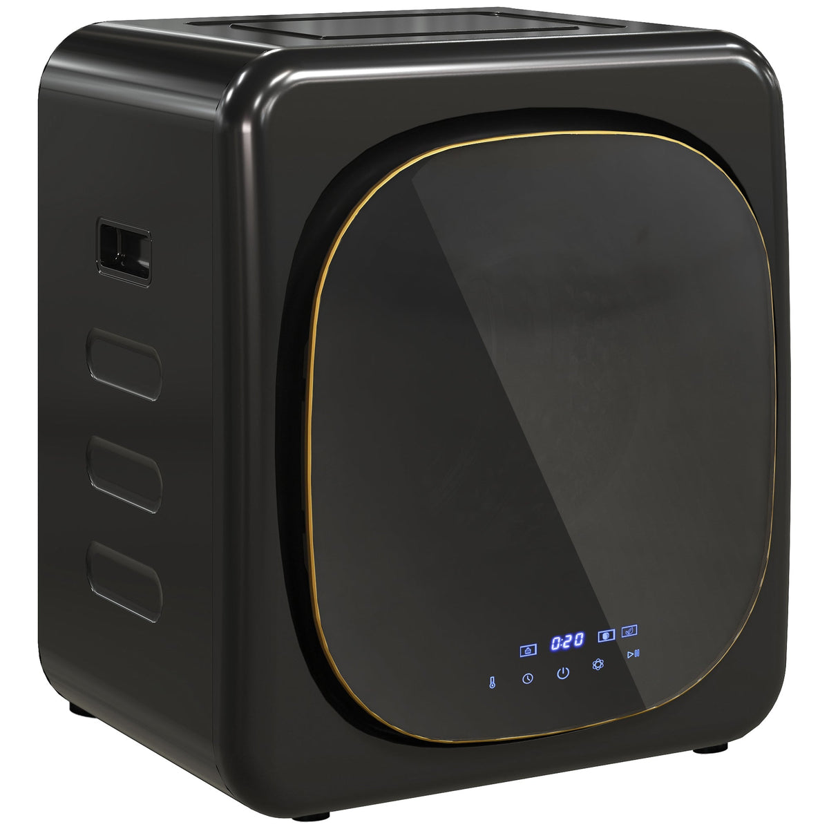 Black compact tumble dryer, front view with round door and yellow-trimmed window