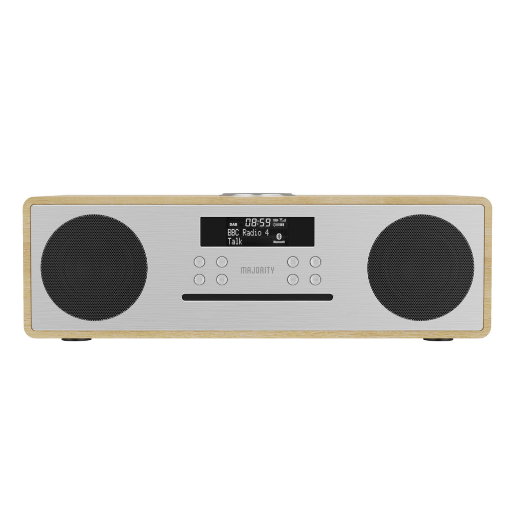 Wooden DAB radio with large front speakers and central LCD screen, antenna top.