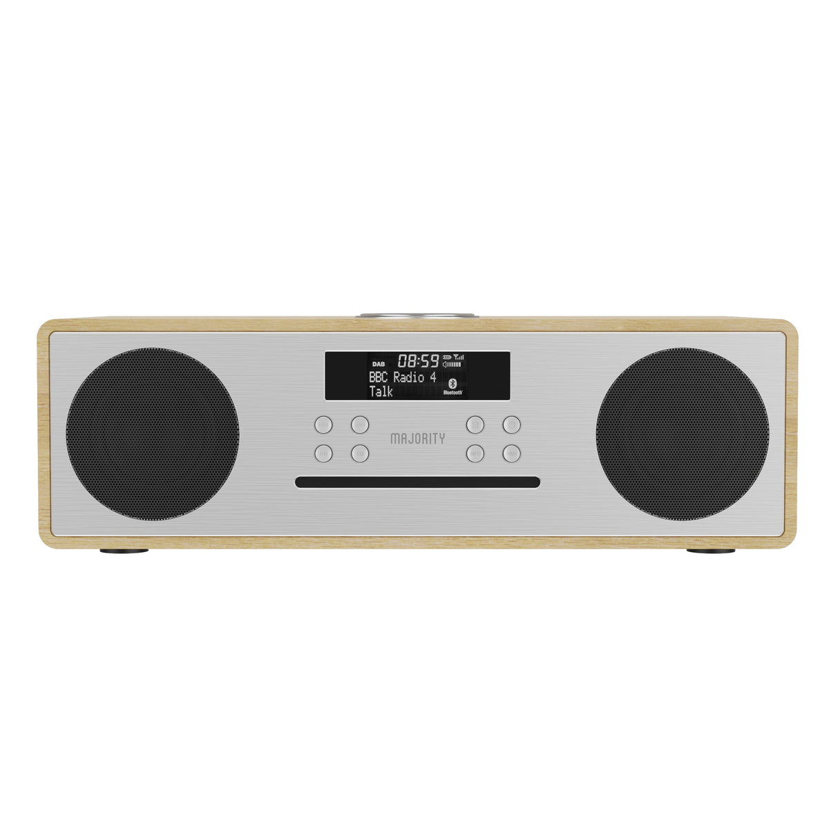 Wooden DAB radio with large front speakers and central LCD screen, antenna top.