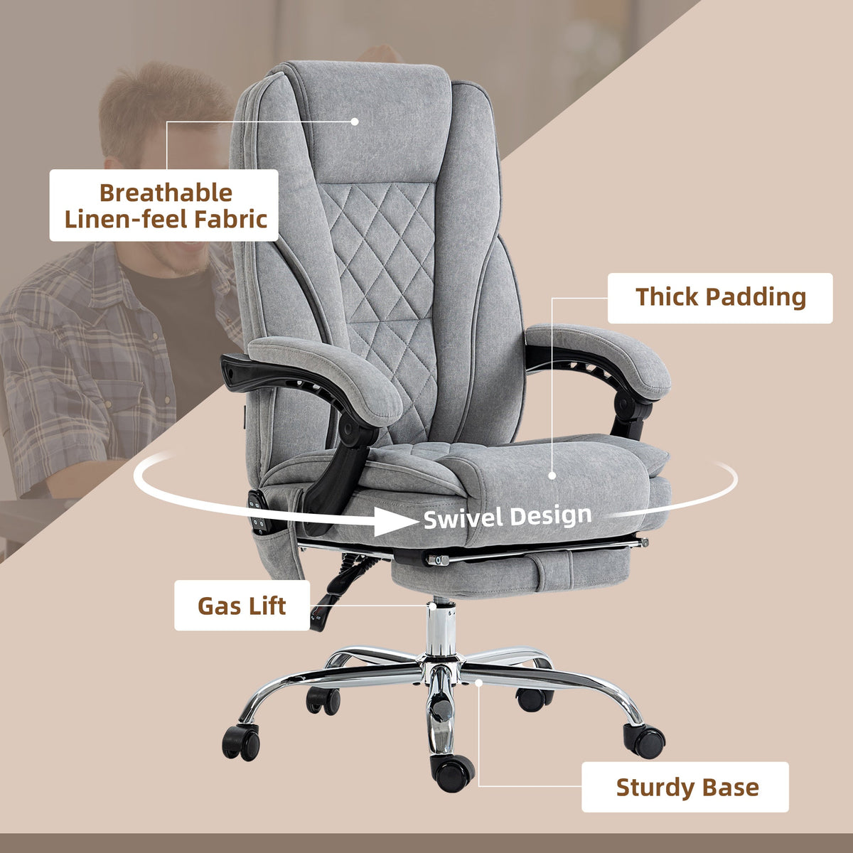 Grey swivel office chair with thick padding, gas-lift height adjustment, and chrome base