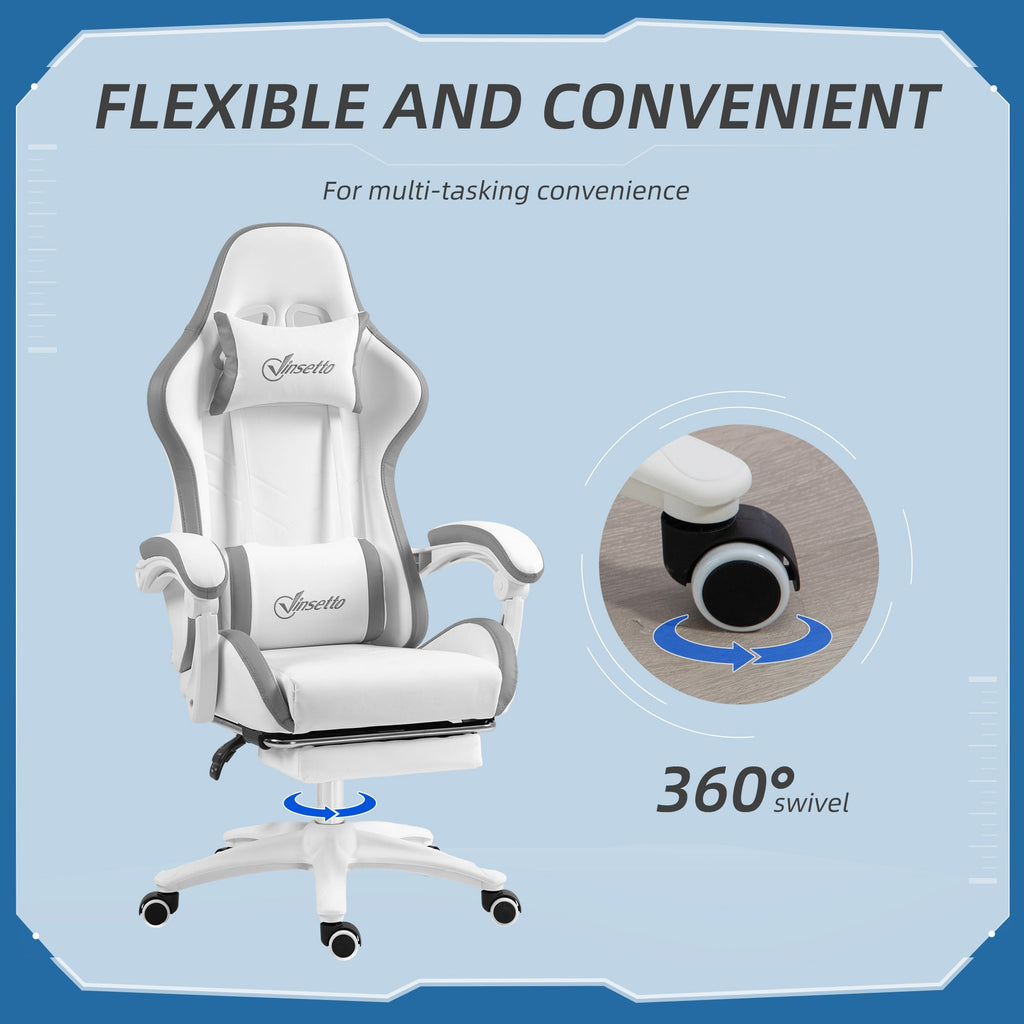 White and grey gaming chair with 360° swivel base and armrest control style