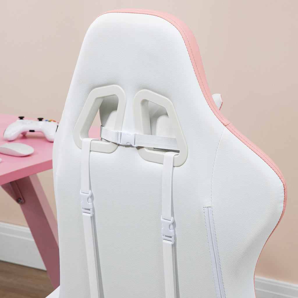 White and pink gaming chair headrest pillow with adjustable support straps