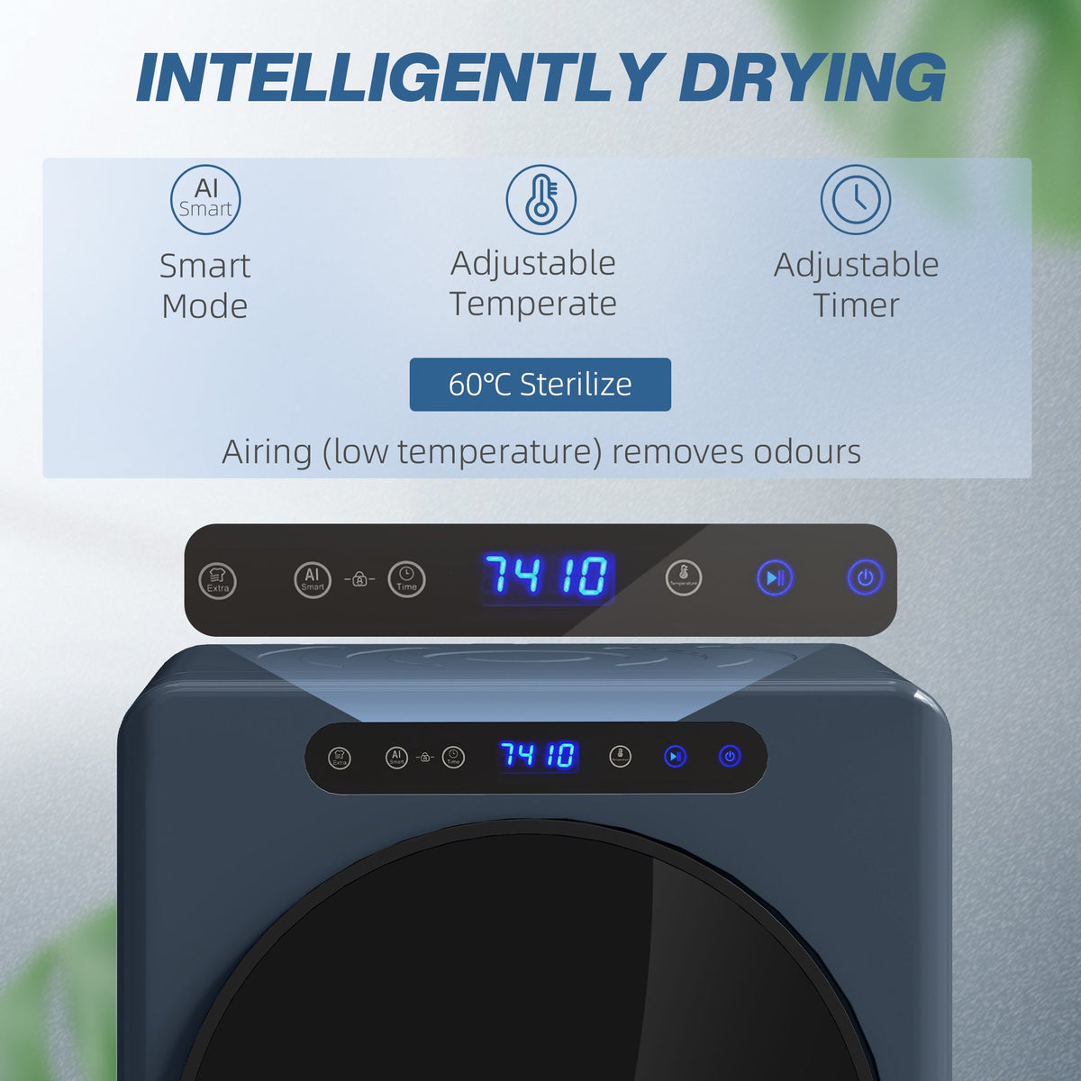 Blue compact tumble dryer control panel with digital display and buttons