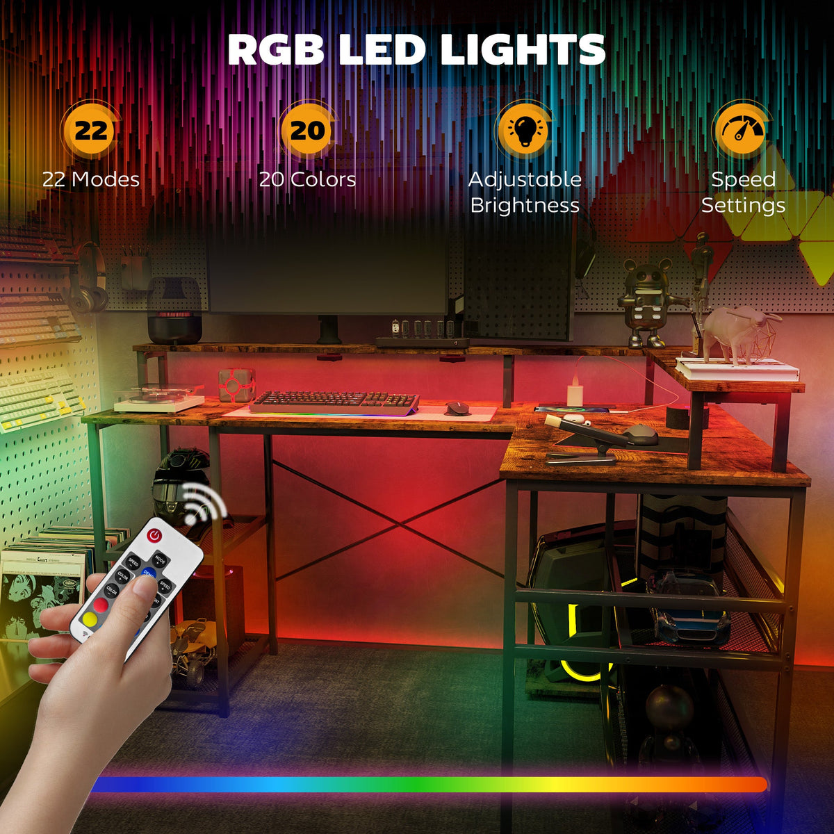 Gaming desk with RGB LED underglow strip and remote control on rustic brown surface