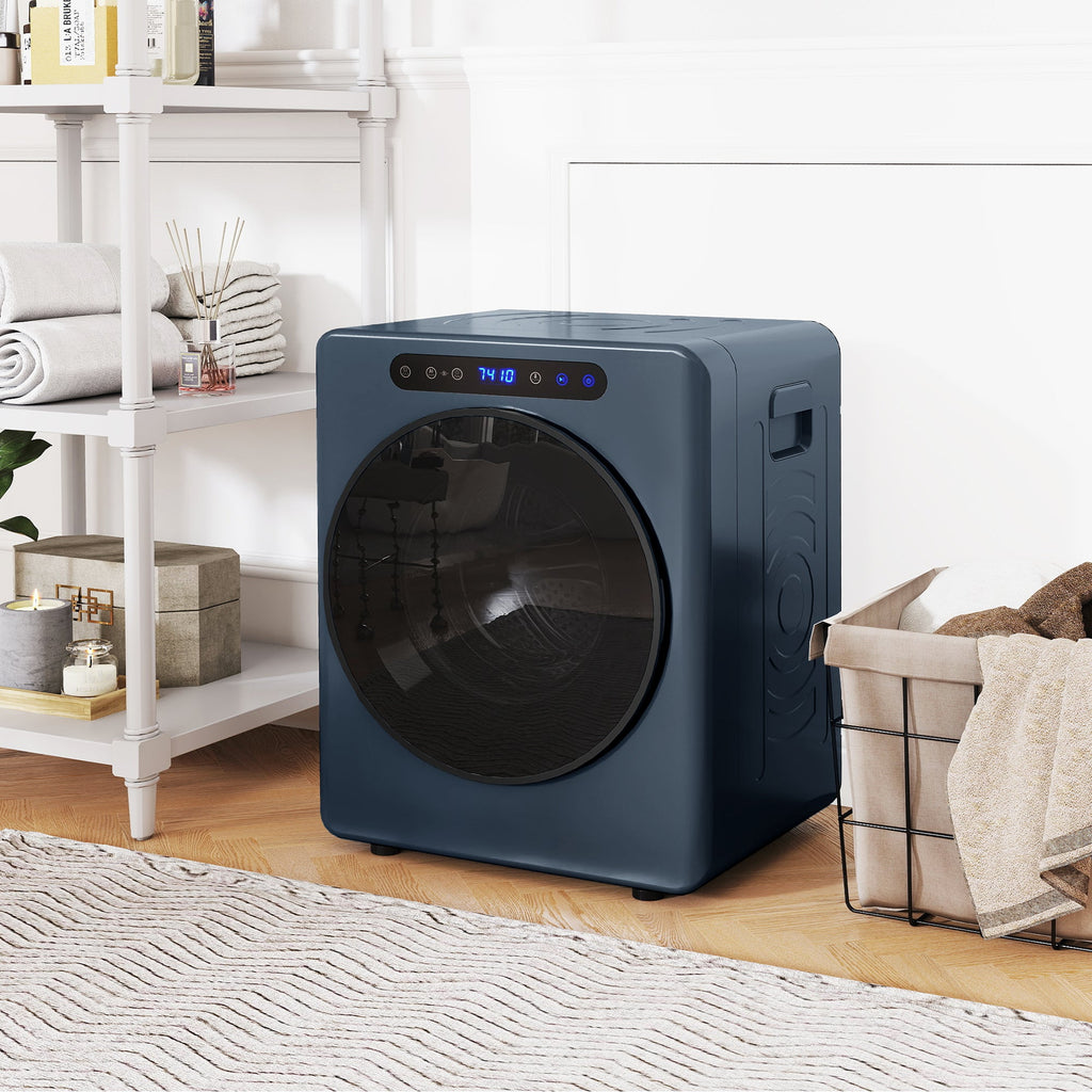 Blue compact tumble dryer with round dark viewing window and control panel