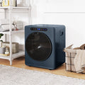 Blue compact tumble dryer with round dark viewing window and control panel